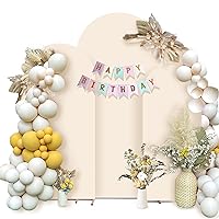 Set of 3 Arch Backdrop Cover with Party Banner - Beige Spandex Fitted Wedding Backdrop Covers 7.2ft,6.6ft,6ft for Chiara Backdrop Stand, Arch Stand Cover for Wedding Baby Shower (Frame Not Included)
