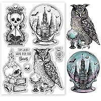 GLOBLELAND Magic Crystal Ball Owl and Candles Clear Stamps for Cards Making Magic Skeleton Silicone Clear Stamp Seals Transparent Stamps for DIY Scrapbooking Photo Album Journal Home Decoration
