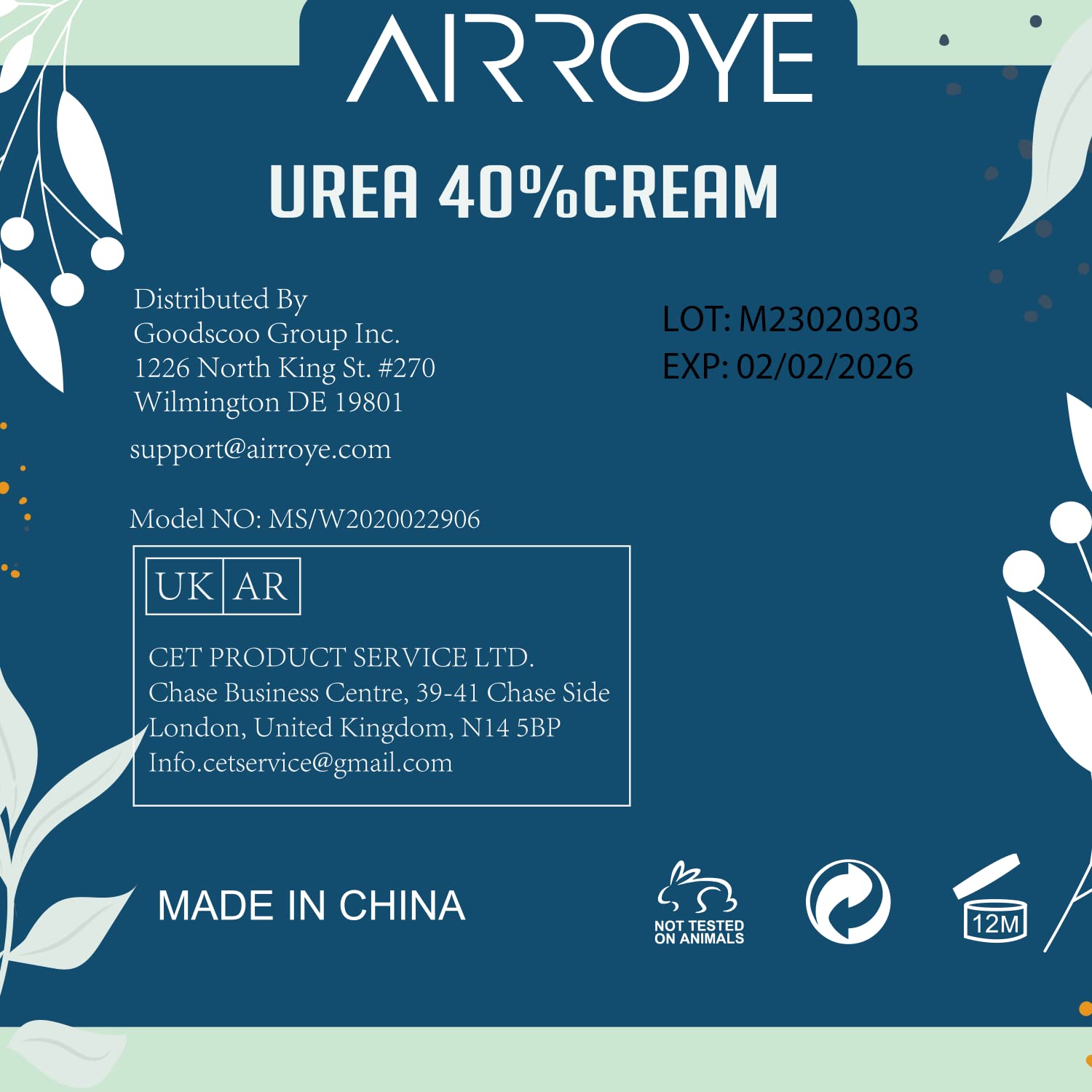 AirroYE Urea 40% Foot Cream,Foot Cream for Cracked Heels and Dry Skin,Natural Moisturizes Nourishes for Dry and Rough Skin. 5.29OZ