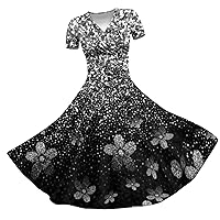Dresses for Women 2024 Elegant Spring Summer Casual Short-Sleeved V-Neck Printed Swing Maxi Dress Party Dresses Light Gray 3X-Large