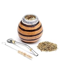 BALIBETOV Yerba Mate Gourd Set (Original Natural Handmade Cup Argentina) - Includes Mate Tea Cup, Bombilla (Yerba Mate Straw) and Clean Brush - Classic (01)