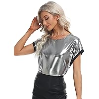 MISS MOLY Women's Metallic Tops Short Sleeve Crewneck Holographic Shiny Tees Glitter Sparkle Shirt for Party Club Concert
