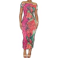 SHINFY Womens Tie Dye Long Maxi Dresses Sexy Off Shoulder Bodycon Ruched Floral Vacation Beach Dresses