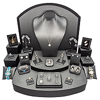 Jewelry Display Stand with 28 Pieces for Rings, Necklaces, Bracelets, Pendants, Watches, and Earrings in a Beautiful Steel Gray Finish. (Steel Grey w/Black Faux Leather Trim)