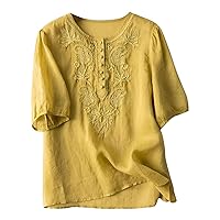 Oversized Crew Neck Linen Tops for Women Short Sleeve Cotton Blend Tee Shirts Retro Loose Design Embroidery Plus Size