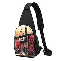 Sling Bag Crossbody for Women Fanny Pack Red Wine Flower Chest Bag Daypack for Hiking Travel Waist Bag
