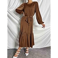 Summer Dresses for Women 2022 Lantern Sleeve Ruffle Hem Belted Dress Dresses for Women (Color : Coffee Brown, Size : X-Small)