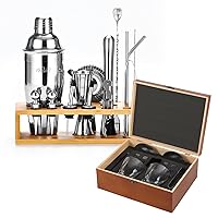 Ultimate Whiskey Glasses Set & Bartender Kit - Premium 25-Piece Mixology Bartending Kit with Twisted Glasses, Stainless Steel Tools, Granite Stones, Coasters, Ice Tongs for Home Bar & Gifting