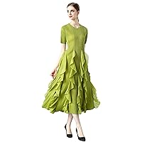LAI MENG FIVE CATS Women's Pleated Round Neck Short Sleeve Stretchy Ruffle Party Midi Dress