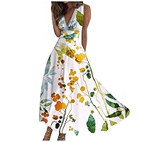 Plus Size Sundress, Sequin Dress Fit and Flare Dress for Women Sleeveless Dress Womens Weekend Maxi 2024 V Neck Women's Summer Floral Print Trendy Boho Casual Swing Long Dress (Yellow,XX-Large)