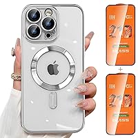 for iPhone 13 Pro Case Magsafe, Magnetic Clear Phone Case with Screen Protector and Camera Cover, Transparent Electroplated Case for Women/Girl/Men (Silver)
