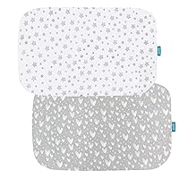 Pack and Play Sheets Compatible with ADOVEL, BabyBond and ELEMARA 4 in 1 Baby Bassinet Bedside Crib, 2 Pack, 100% Jersey Cotton Fitted Sheets, Breathable and Heavenly Soft, Grey and White Star Print