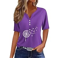 Women's Short Sleeve Tops Cute Dandelion Printed Comfy Loose Shirts Trendy V Neck Button Down Summer Tops