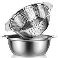 304 Stainless Steel Colander With Handle, 3-Quart Micro-Perforated Strainer Colander Set with Mixing Bowl, BPA Free, Great for Draining Cooked Pasta, Noodles, Vegetables, Fruits and Rice(2PC)