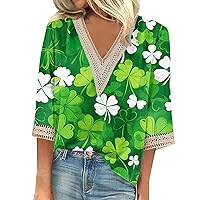 2024 St.Patrick's Day Shirt Womens Blouse 3/4 Sleeve Tunic Daily Tee Dressy V-Neck Casual Tshirt Loose Summer Tops