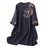 Women Cotton Linen Dress Casual Loose Embroidery Floral Midi Dress