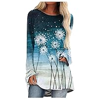Fall Women Casual Crewneck Sweatshirt, Long Sleeve Comfy Loose Fit Tunic Tops Fashion Floral Print Classic Long Tshirt