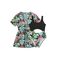 Milumia Girl's 2 Piece Tropical Leaf Print Cut Out Swimsuit Bathing Suit with Kimono Coverup Tropical Black 9 Years