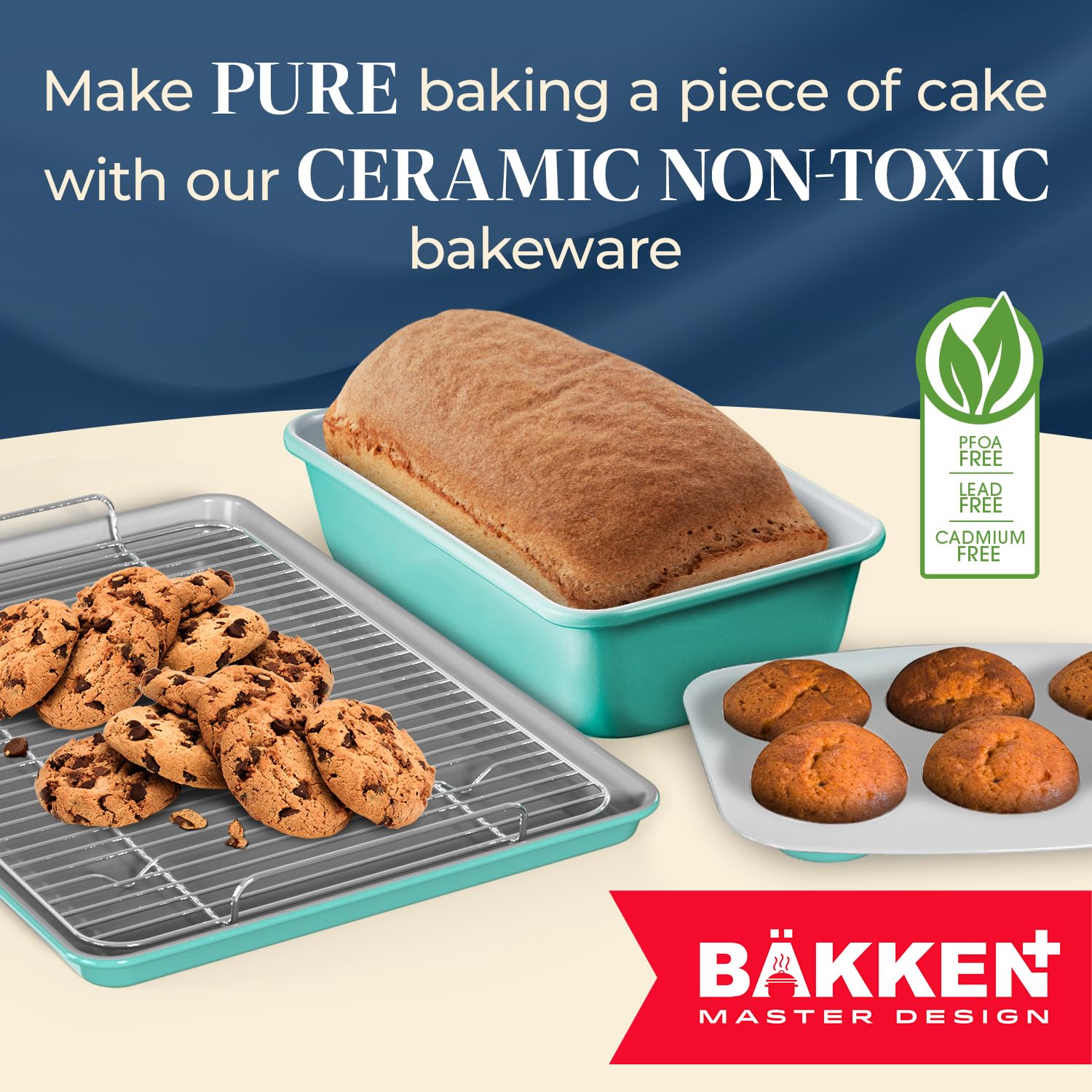 Bakken 8-Piece Stackable Bakeware Set - Ceramic Non-Stick Coating, Baking Sheets, Assorted Baking Pans, PTFE, PFOA & PFOS Free - Healthy Baking, Ergonomic Handles, Cooling Rack, Non-Toxic, Oven-Safe