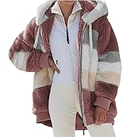 Winter Hooded Coats for Womens Fuzzy Zip Up Hoodies Jackets Color Block Plush Jackets Casual Warm Coats