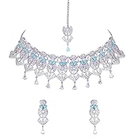 Bridal Austrian Crystal Choker Necklace with Dangle Earrings Jewelry Set Gifts fit with Wedding Dress Silver Plated Indian Jewelry For Women/Girls