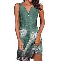 Womens Summer Dress 2024 Casual Button Down V Neck Sleeveless Fashion Boho Floral Beach Dress Sundress A-Line Dress