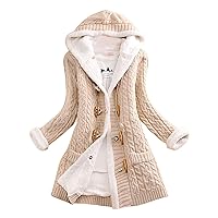 Plus Size Cardigan Coat for Women 2 in 1 Knit Coarse and Fuzzy Fleece Casual Solid Color Horn Button Closure Winter Hooded Tops Sweaters(Beige 5XL)