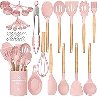 Kitchen Cooking Utensils Set, Umite Chef 33 pcs Non-stick Silicone Cooking Spatula Set with Holder, Wooden Handle Silicone Kitchen Gadgets Utensil Set (Pink)