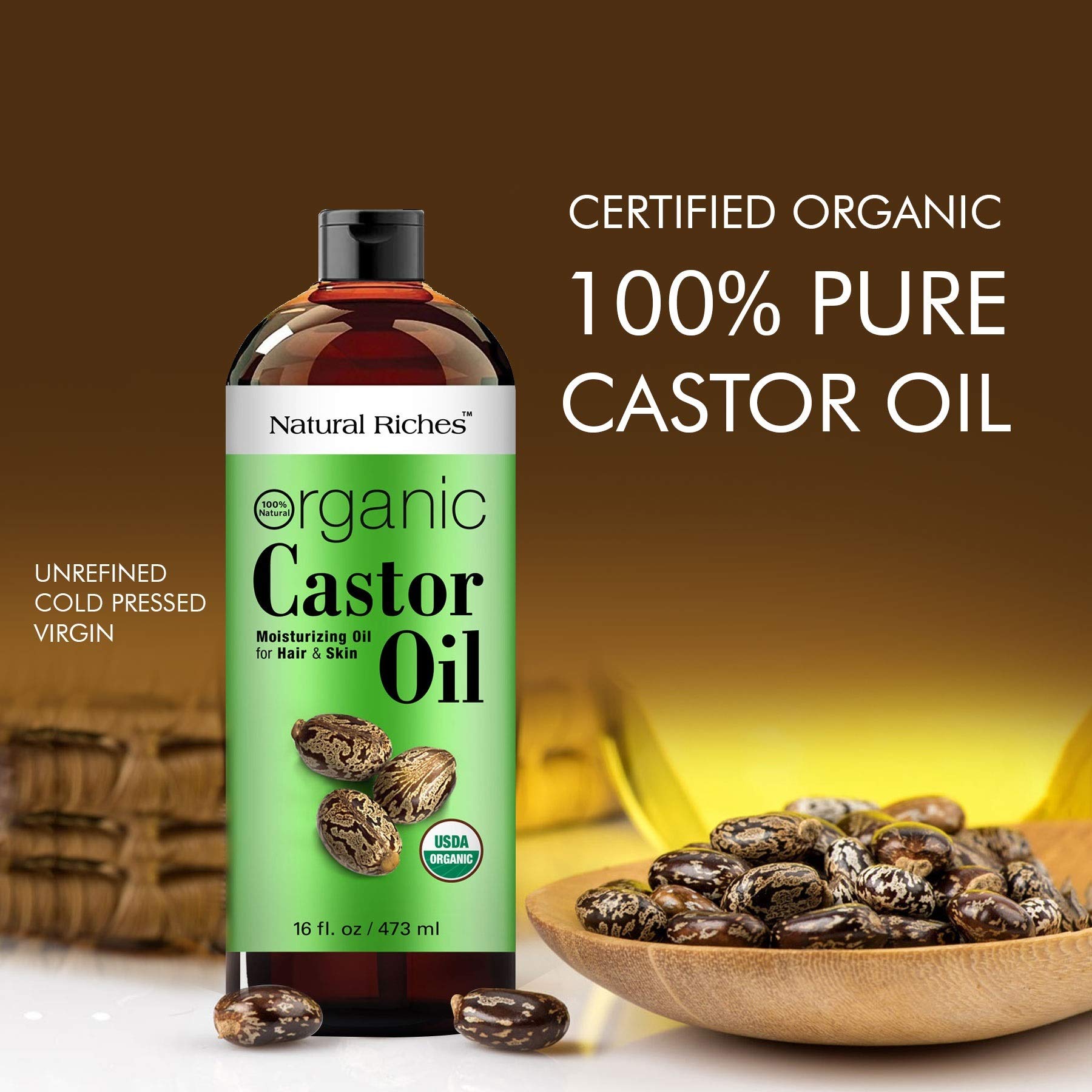 Natural Riches Organic Castor Oil Cold pressed USDA certified for Dry Skin Hair Loss Dandruff Thicker Hair - Moisturizes heals Scalp Skin Hair growth Thicker Eyelashes & Eyebrows 16 fl. oz.