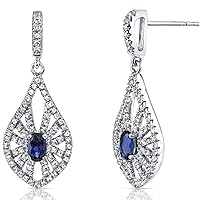 Peora Created Blue Sapphire and Genuine White Topaz Chandelier Earrings for Women 14K White Gold, 1.50 Carats total, Oval Shape 5x3mm, Friction Backs