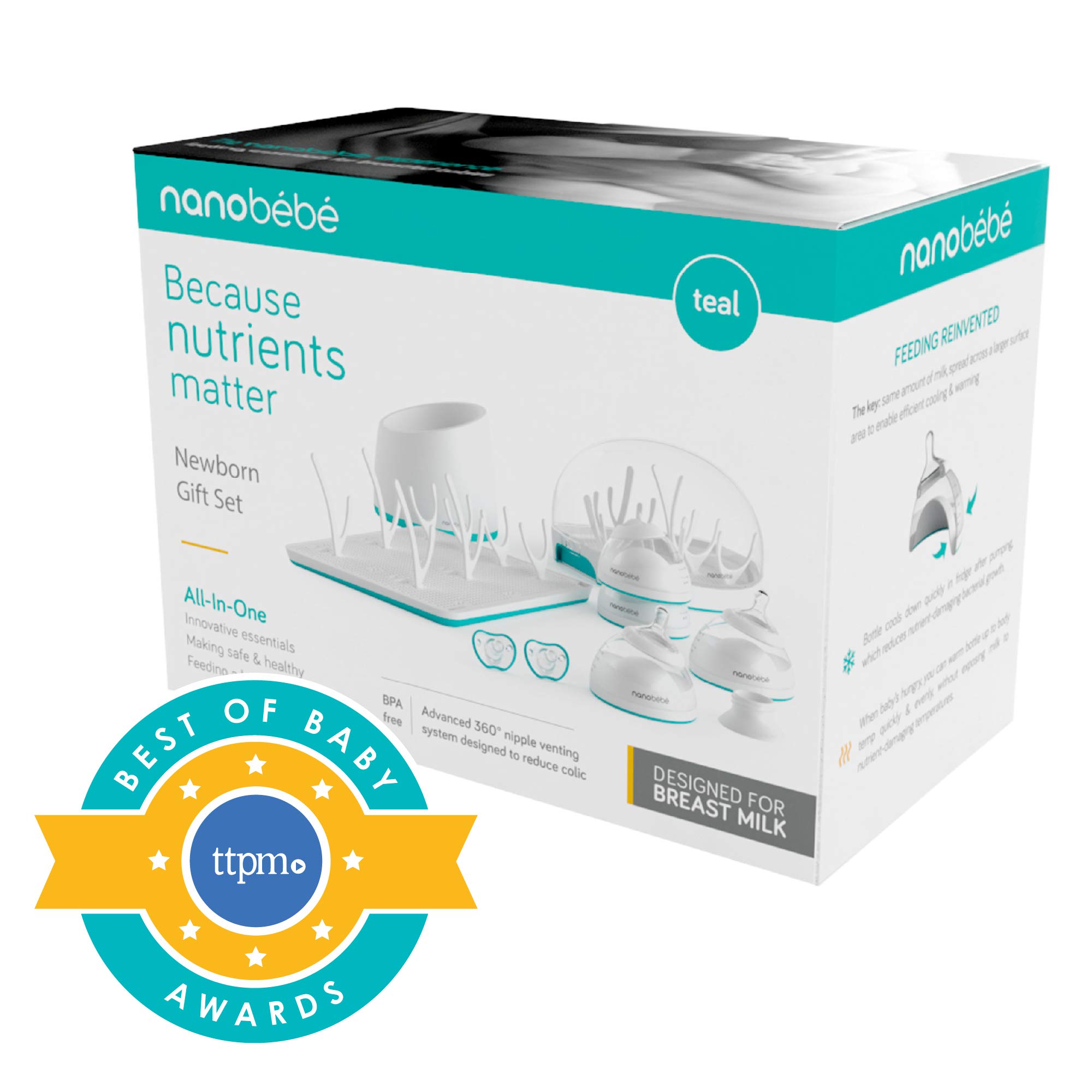 Nanobebe Baby Bottles Breastmilk Newborn Set - Breastfeeding Baby Bottles Set (Anti Colic) Drying Rack, Pacifiers, Sterilizer, Warmer & Breast Pump Adapter. Top Registry Gift Set
