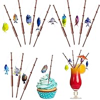 24 Pcs Mini Fish Pole Decoration Little Fisherman Fishing Pole Picks Fishing Party Decorations Fishing Cake Topper Fishing Themed Party Supplies for Birthday Party Drink Cake Decoration