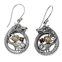 NOVICA Handmade .925 Sterling Silver Multigemstone Dangle Earrings Dragon Garnet Citrine Topaz Blue Multicolor Indonesia Animal Themed Birthstone [2.2 in L x 0.9 in W x 0.2 in D] 'Dragon'S Prize'