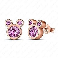 Classy Look Mickey Mouse Earrings With Round Pink Sapphire 14k Rose Gold Finishing
