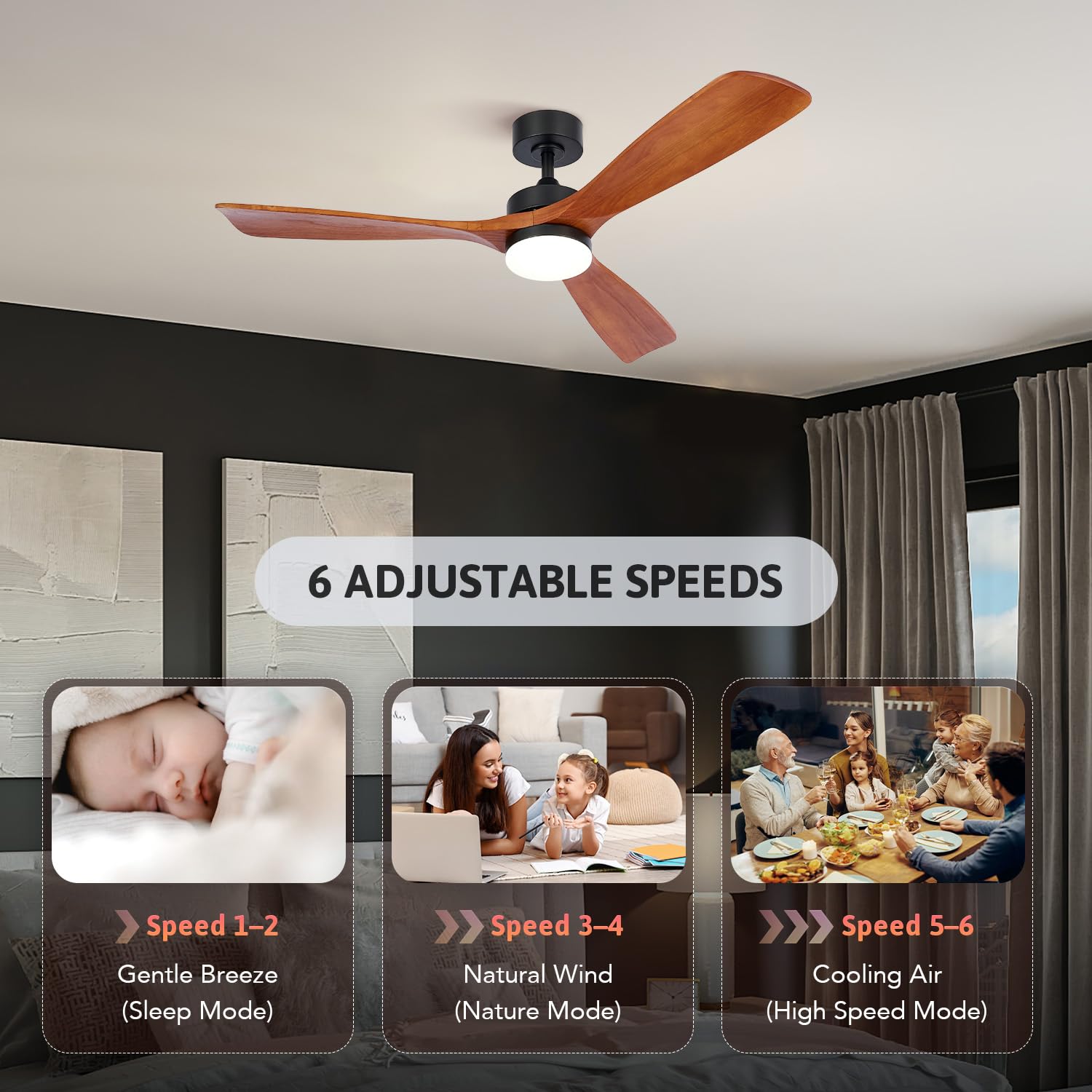 VONLUCE Wood Ceiling Fans with Lights, 52 Inch Outdoor Ceiling Fan with Remote, 6 Speed Reversible Noiseless DC Motor, Modern Ceiling Fan for Indoor Bedroom Farmhouse Patios, Walnut