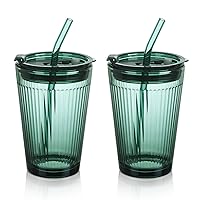 Glass Tumbler with Straw and Lid,Green Glasses Water Cup with Straw,Colored Glass Drinking Jars for Juice Beverages Iced Coffee Tea Smoothie Soda Milk,15 oz,Set of 2,Dishwasher Safe
