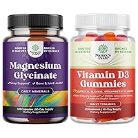Bundle of Pure Magnesium Glycinate 400mg Per Serving for Mood Sleep and Relaxation and Vitamin D3 Gummies for Daily Wellness or Bone Muscle & Immune Support