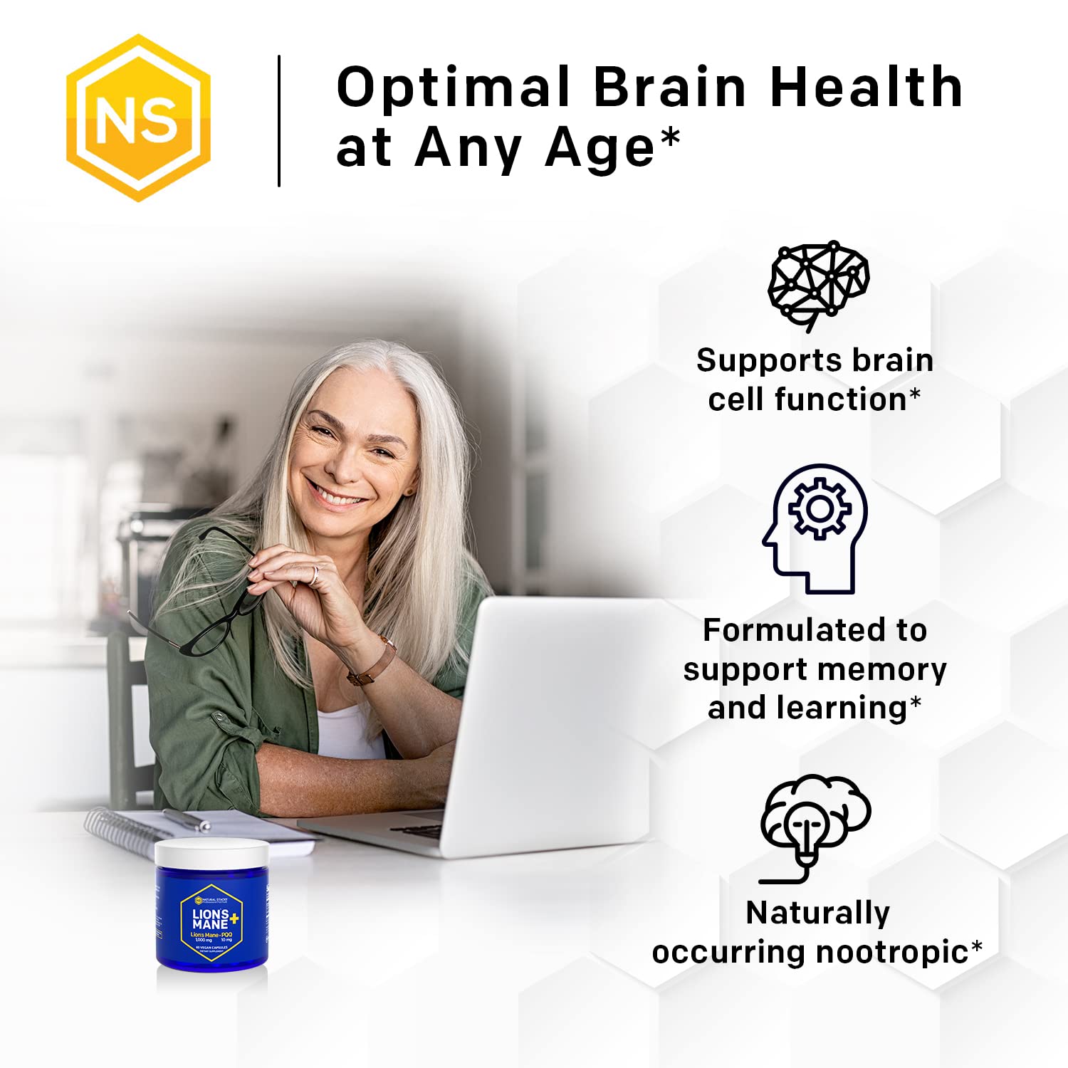 NATURAL STACKS Lions Mane Supplement with PQQ + Brain Cell Optimizer - Organic Lions Mane Extract for Memory, Learning, Mitochondrial Function - 60 Vegan Lions Mane Mushroom Capsules