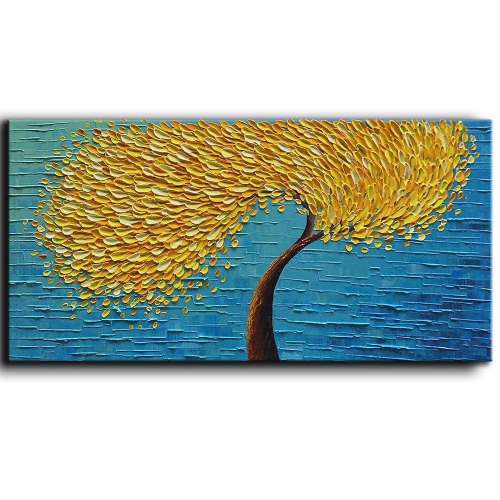 YaSheng Art -Abstract Painting Yellow Tree 3D Oil Painting Hand Painted On Canvas Abstract Artwork picture Wall Art for living room office Decor 20...