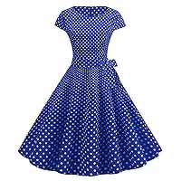 PEHMEA Women's 1950s Retro Polka Dot Cap Sleeve Rockabilly Swing Cocktail Party Dress (Royal Blue, Medium, m)