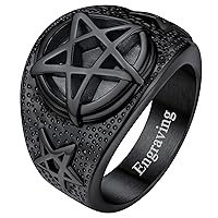 FaithHeart Personalized Engrave Silver Pentacle Rings Mens Punk Stainless Steel Wicca Star Band Rings Jewelry for Rapper Size 10
