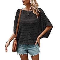Womens Summer Tops Casual Half Sleeve Hollow Out Knit Top Oversized Tee Shirt Pullover Blouses