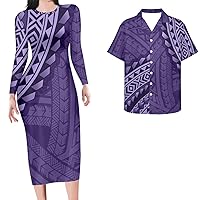 GLUDEAR Couple Matching Hawaiian Luau Party Outfit Sets Polynesian Tribal Shirt Long Sleeve Maxi Dress Plus Size S-7XL