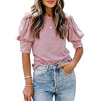 SimpleFun Women's Puff Sleeve Tops Summer Crewneck Loose Casual Blouse Shirts