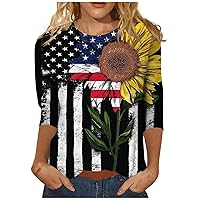 4th of July Shirts Womens American Flag Patriotic Shirt 3/4 Length Sleeve Tops Independence Day Crewneck Festival Outfits