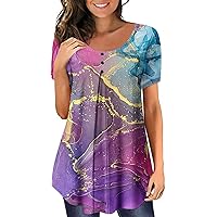 Summer Tops for Women 2024,Womens Retro Marble Print Crewneck Ruched Short Sleeve Shirts Loose Button Down Tunic Tops
