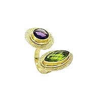 Amethyst Hydro Round Cut and Peridot Hydro Marquise Checker Cut Gold Plated Brass Ring Astrology Jewelry