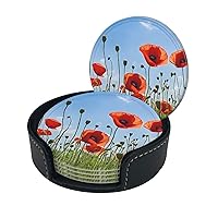 Poppies On Blue Sky Print Coaster,Round Leather Coasters with Storage Box for Wine Mugs,Cold Drinks and Cups Tabletop Protection (6 Piece)