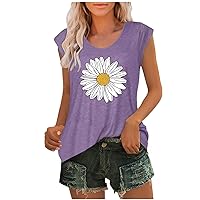 Women's Cap Sleeve T Shirts Summer Sunflower Graphic Tees Loose Fit Casual Blouses Floral Print Tops Workout Shirts