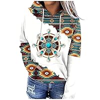 Aztec Hoodies for Women, Western Ethnic Style Geometric Printed Drawstring Casual Fall Cowgirl Hooded Sweatshirt Light Brown XX-Large